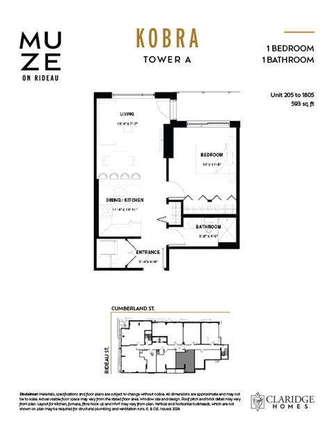 Floor plan for 1 bed, 1 bath, 593 sqft